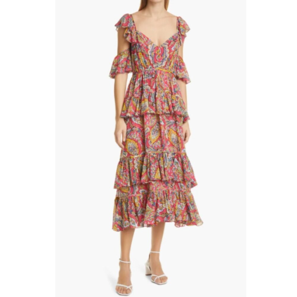 CINQ À SEPT 'Collier' Tiered Ruffle Paisley-Print Midi-Dress, Primrose Multi